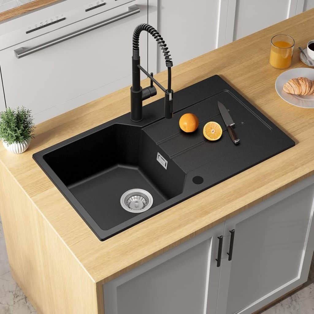 Test de l'évier granit noir Anycee 78x45 cm avec égouttoir